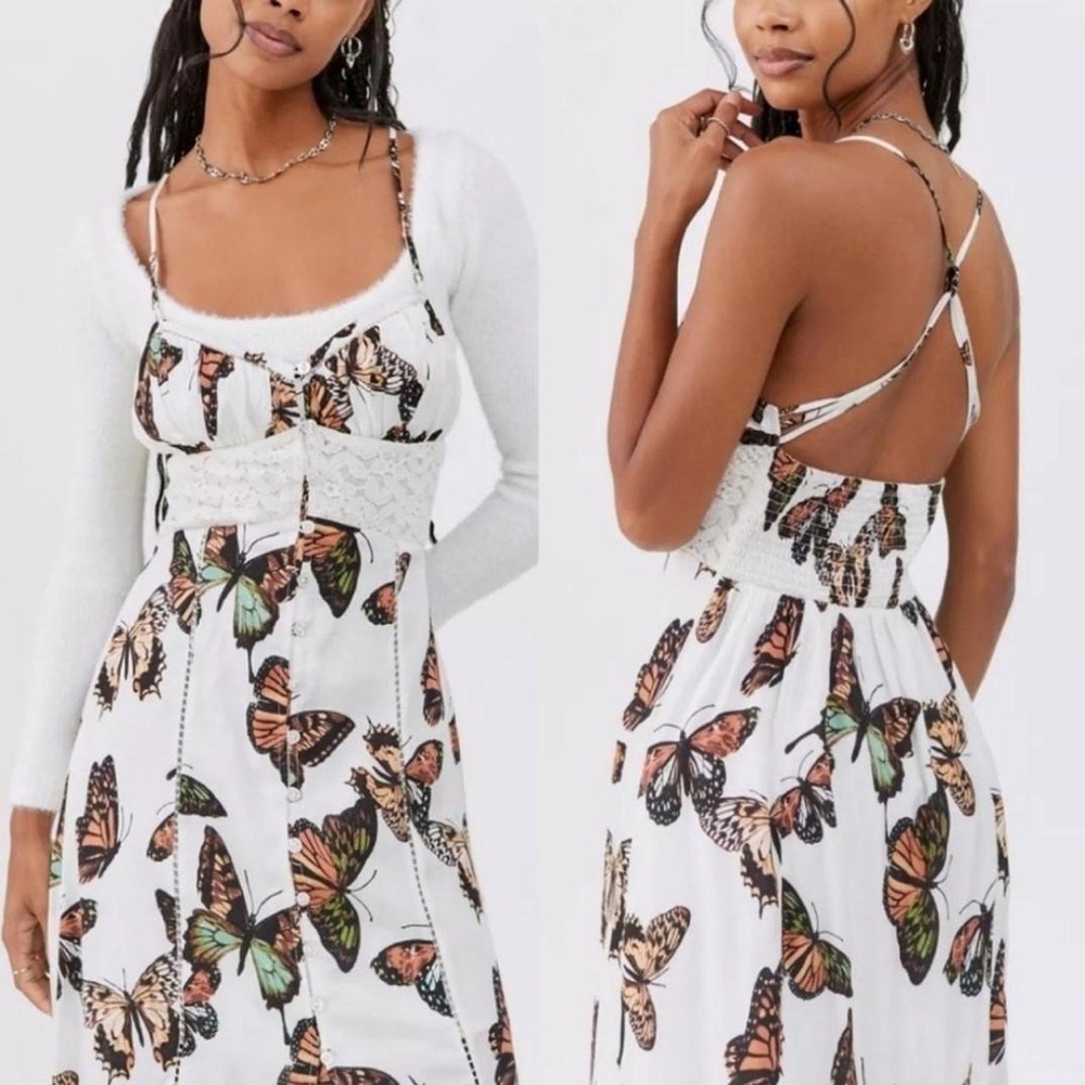 Urban Outfitters Silva White Butterfly Print Coquette Lace Midi Slip Dress